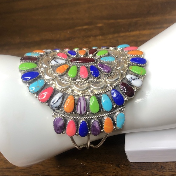 NAVAJO Handmade Native American Sterling Silver Multi Gemstone Petit Point Cuff - Picture 7 of 17